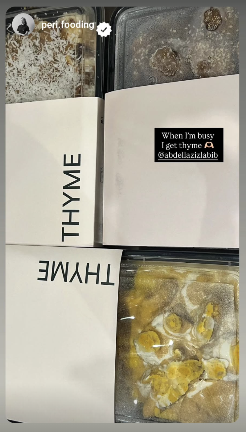 Instagram story from @peri.fooding featuring a THYME meal.