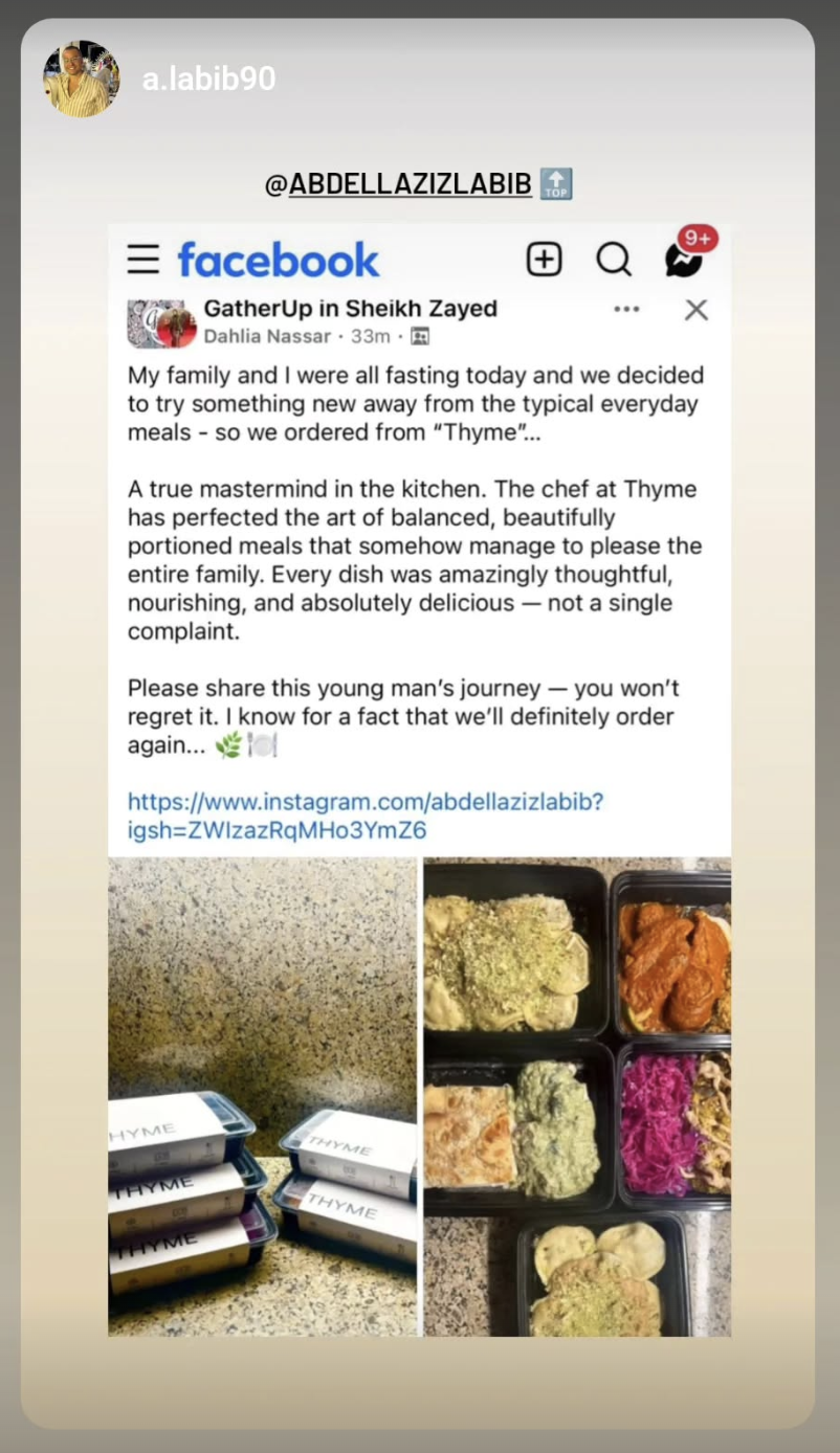 Instagram story from @a.labib90 featuring a THYME meal.