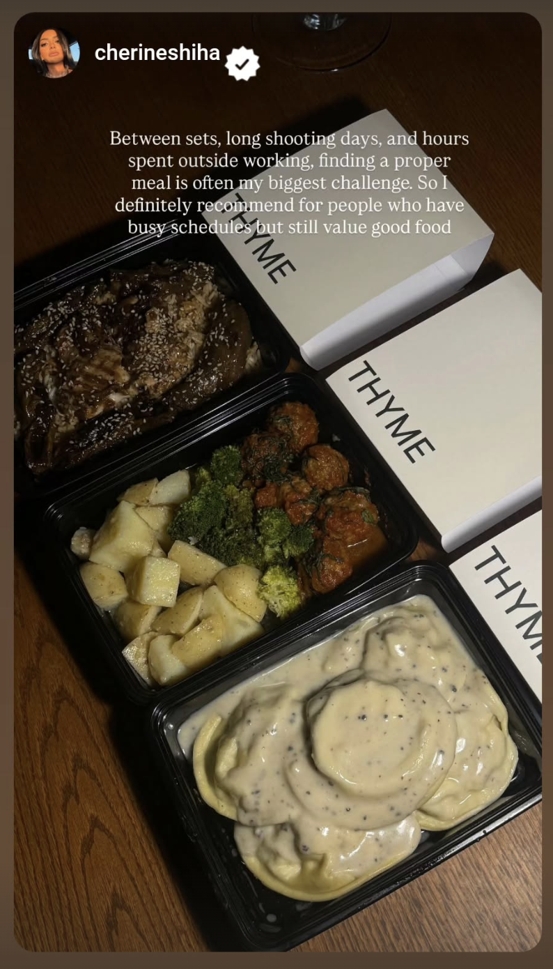 Instagram story from @cherineshiha featuring a THYME meal.