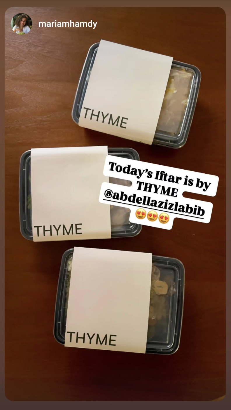 Instagram story from @mariamhamdy featuring a THYME meal.