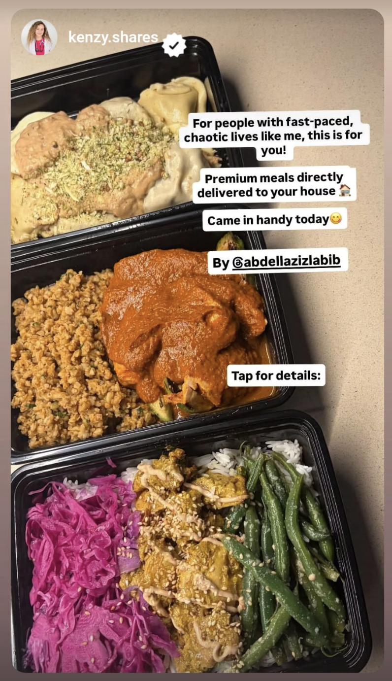 Instagram story from @kenzy.shares featuring a THYME meal.