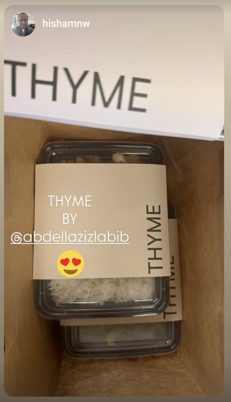 Instagram story from @hishamnw featuring a THYME meal.