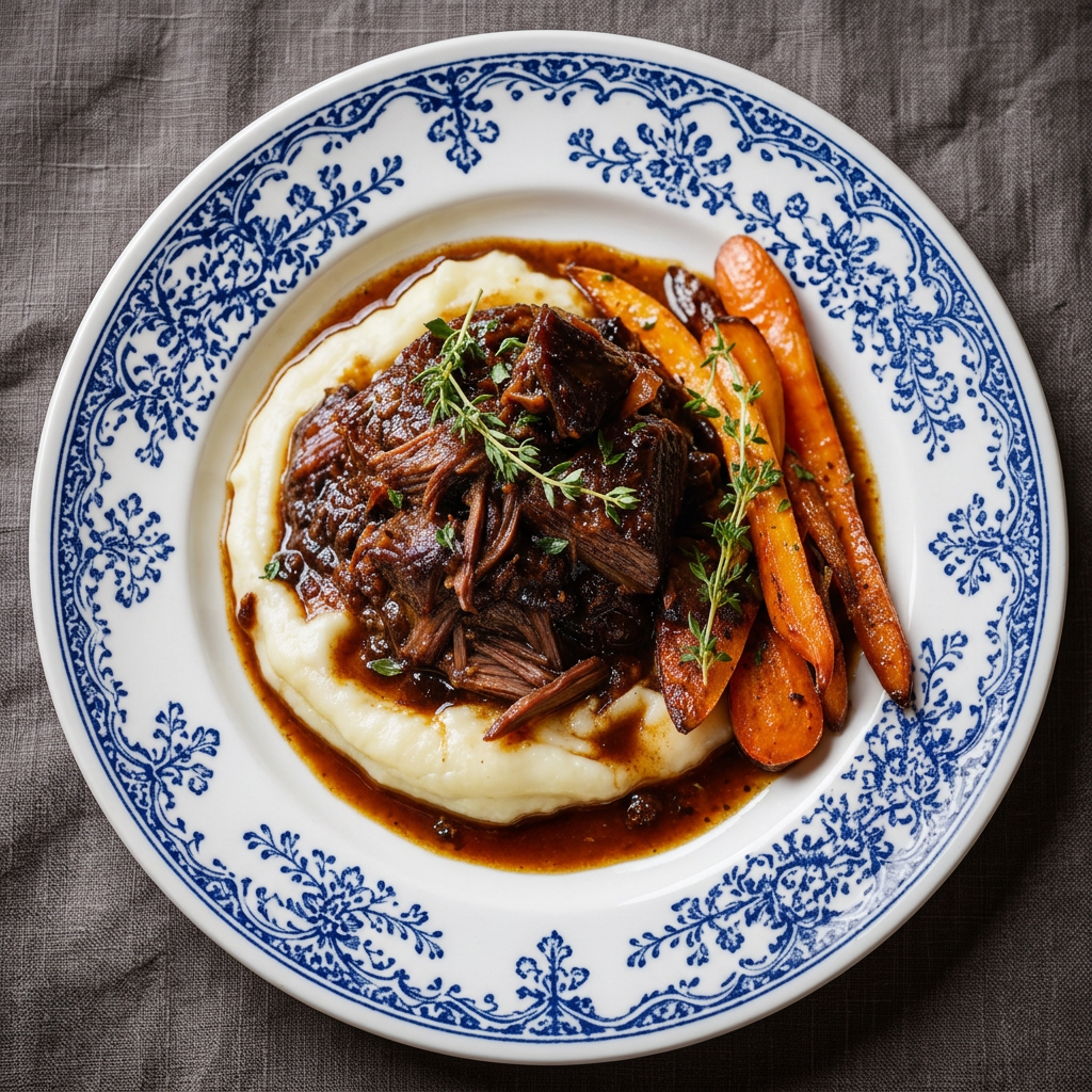Close-up of slow-braised beef chuck on potato purée with roasted carrots and thyme.