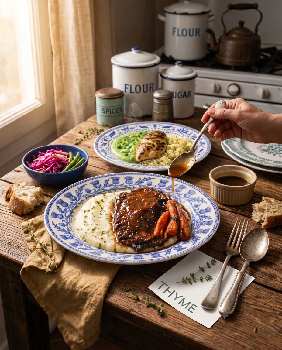 A home-cooked braise plated on heirloom blue-and-white porcelain, set on a sunlit farmhouse table with vintage FLOUR, SUGAR and SPICES tins in the background.
