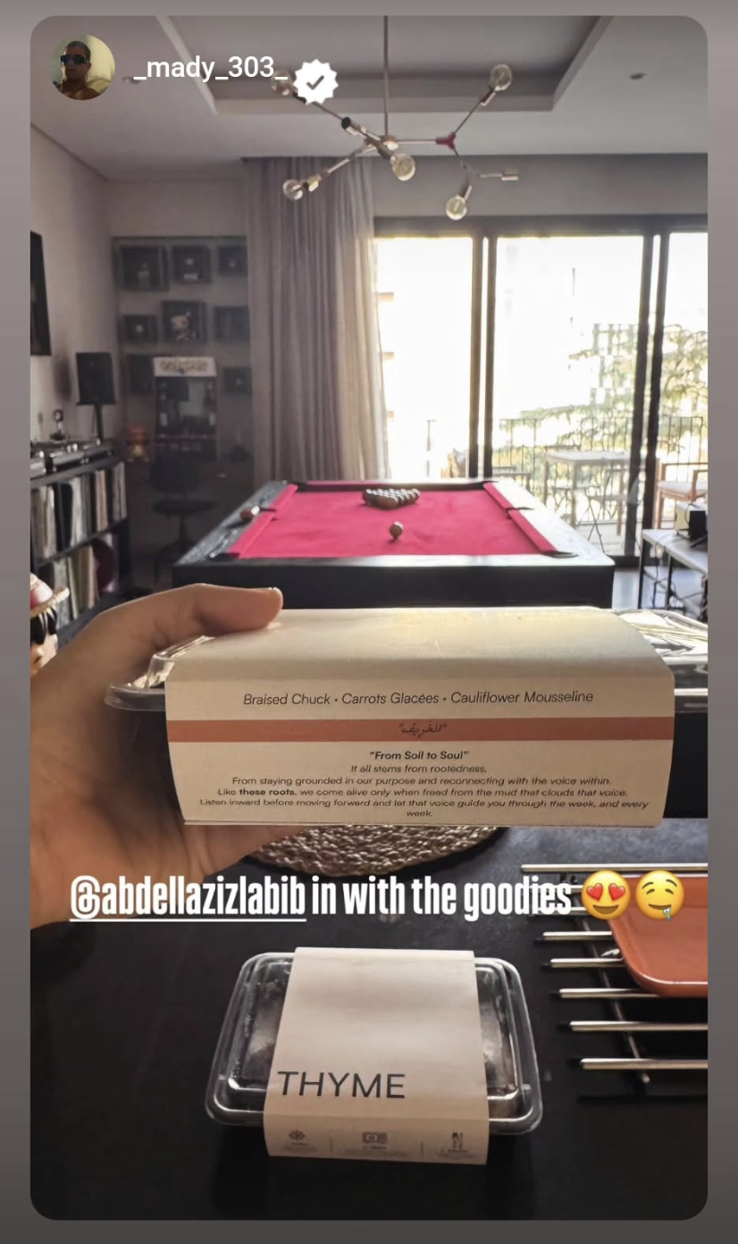 Instagram story from @_mady_303_ featuring a THYME meal.