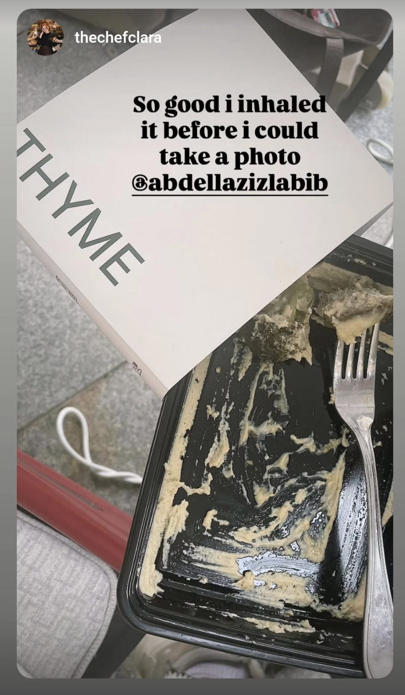 Instagram story from @thechefclara featuring a THYME meal.