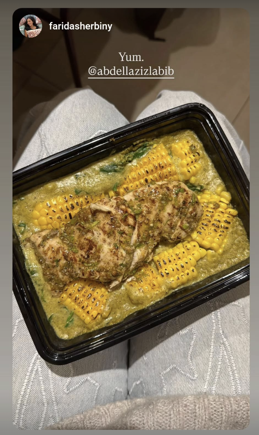 Instagram story from @faridasherbiny featuring a THYME meal.