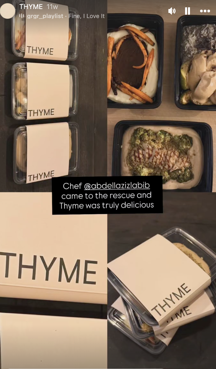 Instagram story from @grgr_playlist featuring a THYME meal.