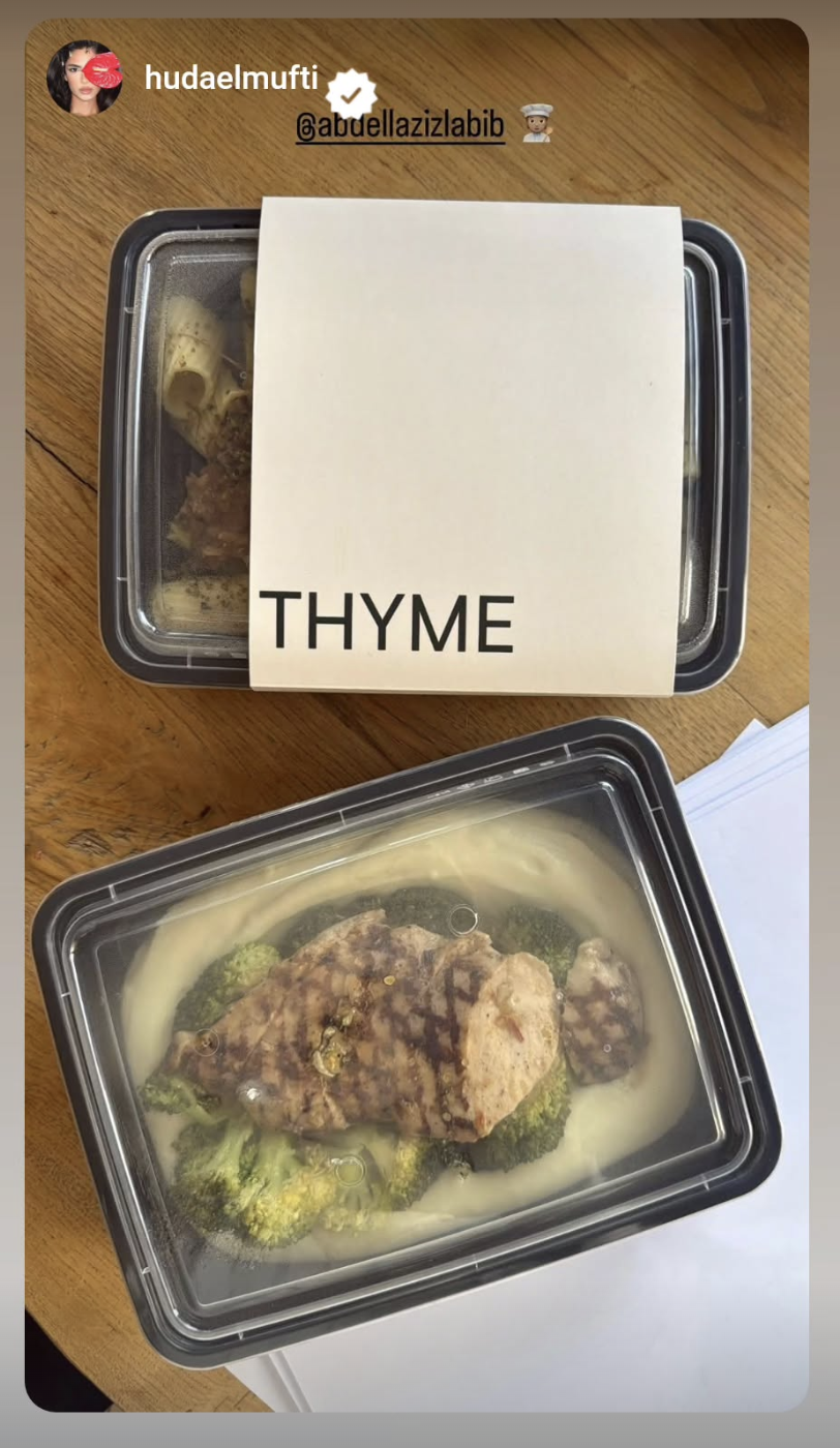 Instagram story from @hudaelmufti featuring a THYME meal.