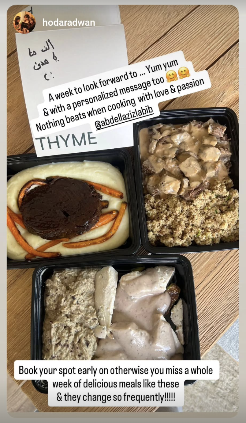 Instagram story from @hodaradwan featuring a THYME meal.