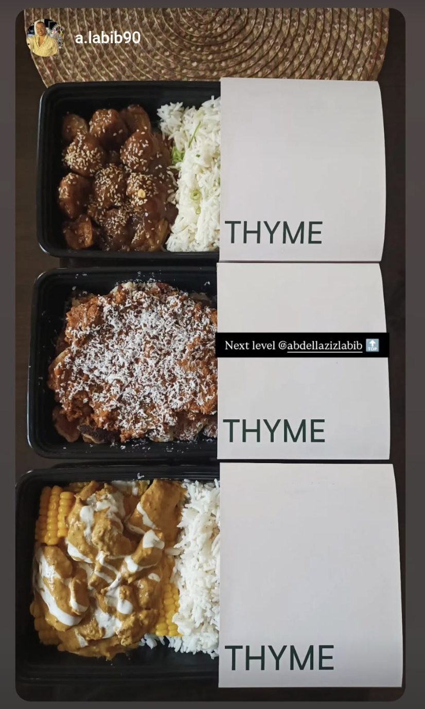 Instagram story from @a.labib90 featuring a THYME meal.