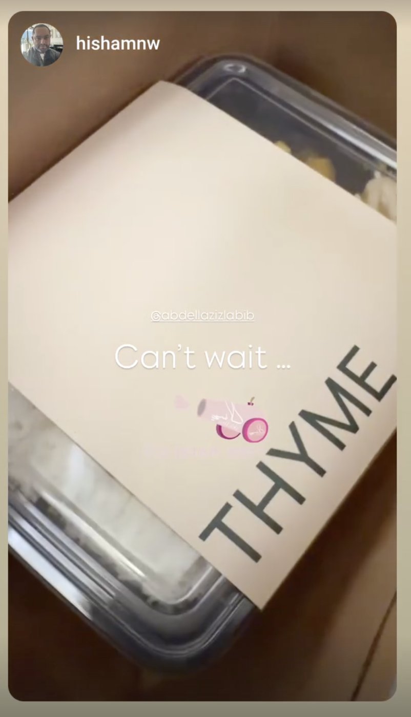 Instagram story from @hishamnw featuring a THYME meal.