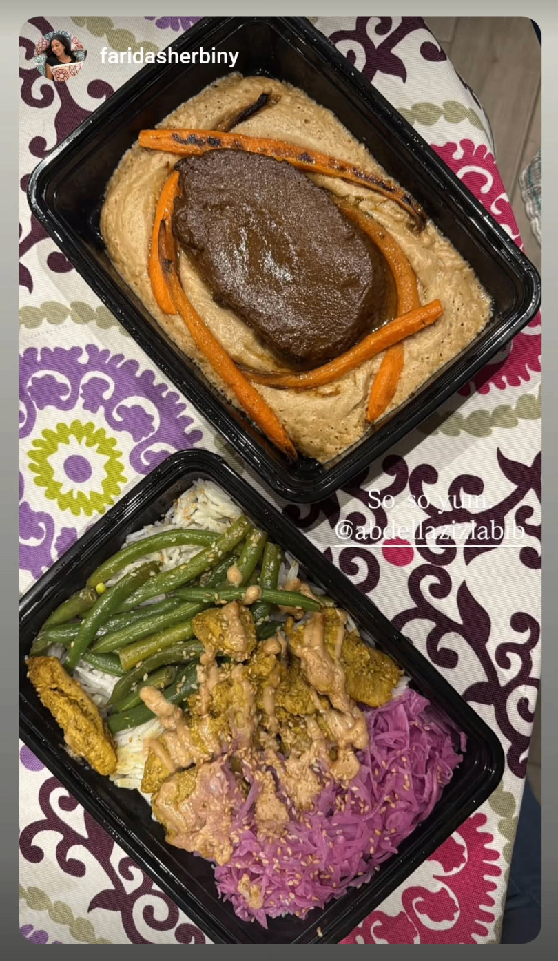 Instagram story from @faridasherbiny featuring a THYME meal.