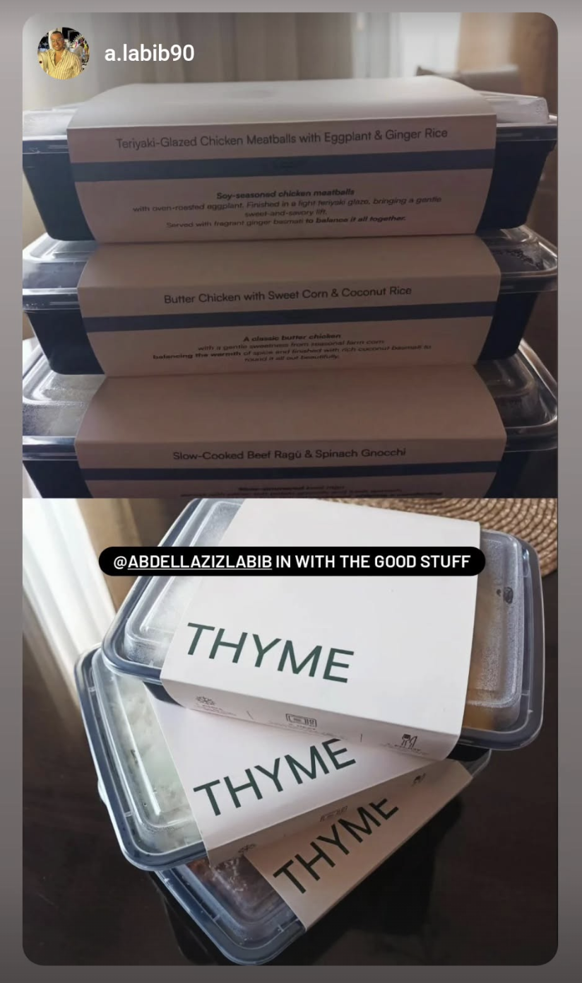Instagram story from @a.labib90 featuring a THYME meal.